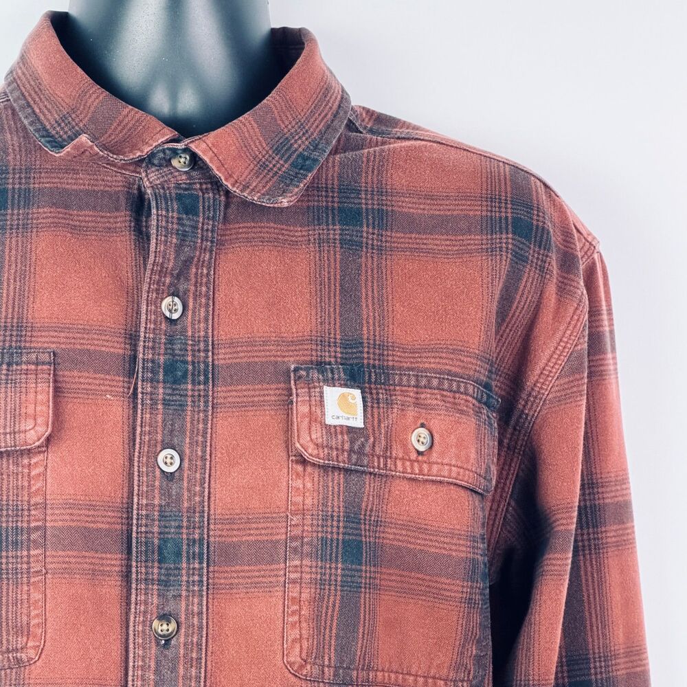 Carhartt Rust Plaid Heavyweight Flannel Shirt Large Tall - Picture 2 of 10